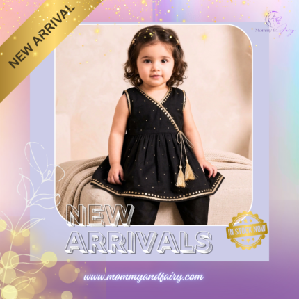 Elegant Black Angrakha Style Girls Frock with Golden Gota & Tassels